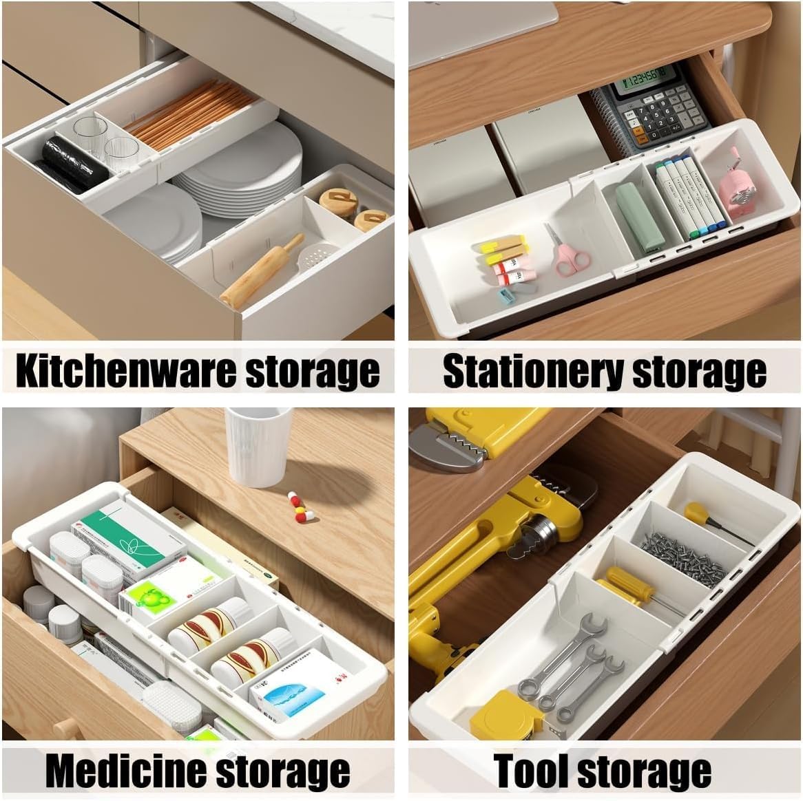 EooUooIP Sliding Drawer Tray with Adjustable Dividers, Expandable Kitchen Storage Organizer, Sliding Drawer Bin, Expandable Drawer Organizer, 2 PCS Drawer Organizer Trays For Utensils, Flatware, Junks