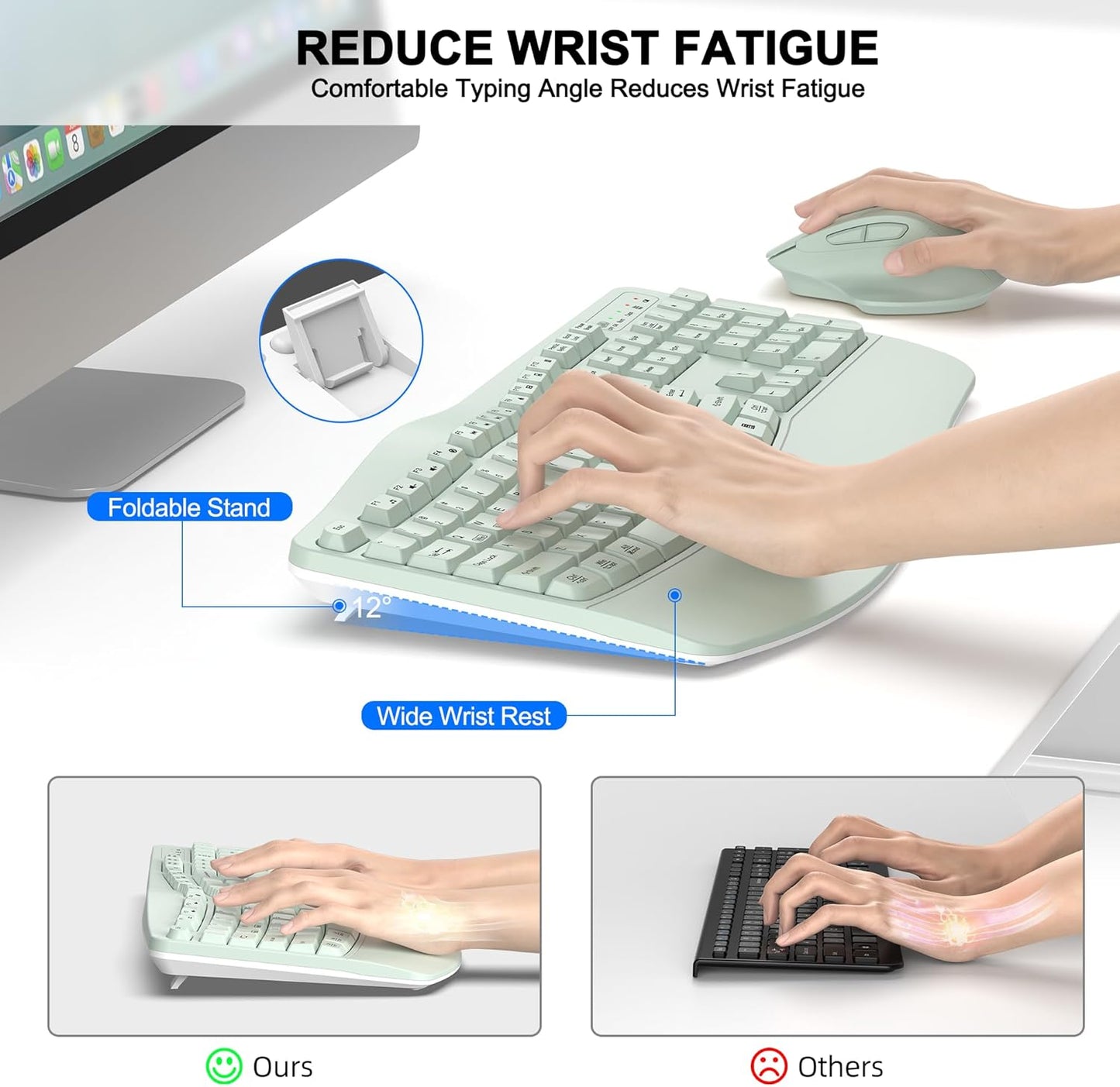 Wireless Keyboard and Mouse Combo, 2.4G Full Size Wave Keys Ergonomic Keyboard with Wrist Rest and 3-Level DPI Adjustable Wireless Ergonomic Mouse for Windows, Mac OS Desktop/Laptop/PC(Black)