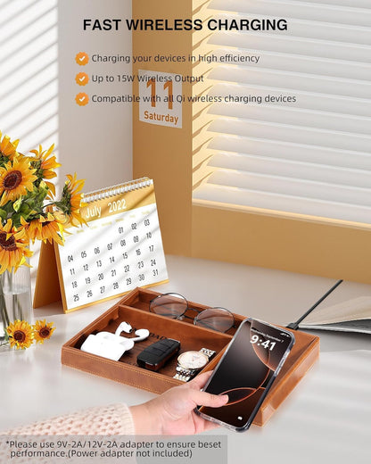 TopMade Wireless Charger Valet Tray, Father's Day Birthday Gifts for Dad, PU Leather Mens Jewelry Box for Iphone Charger, Desk Nightstand Organizer Charging Station Drawer Dresser Organizer(Brown)