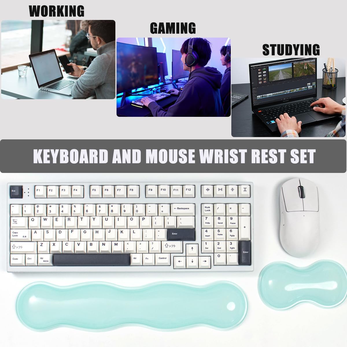 Clear Gel Wrist Rest for Keyboard and Mouse, Green Silicone Mouse Wrist Rest Set, Cute Ergonomic Wrist Rest for Keyboard 60%/75%(Green)