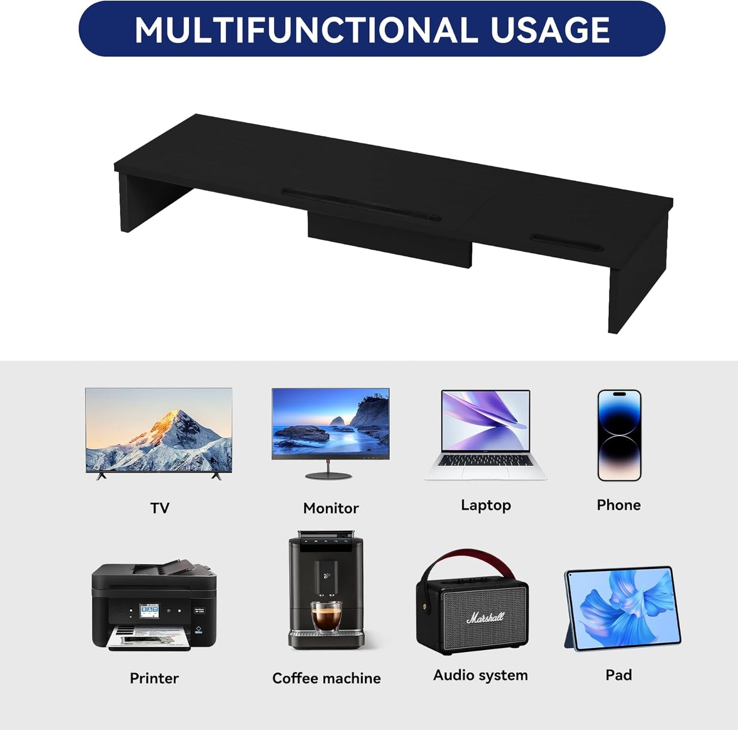 Qupui Computer Monitor Stand Riser with Drawer and Pen Holders, Desk Organizer Shelf and Accessories, Office Desk Accessories, Office Organization, Black