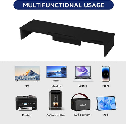 Qupui Computer Monitor Stand Riser with Drawer and Pen Holders, Desk Organizer Shelf and Accessories, Office Desk Accessories, Office Organization, Black
