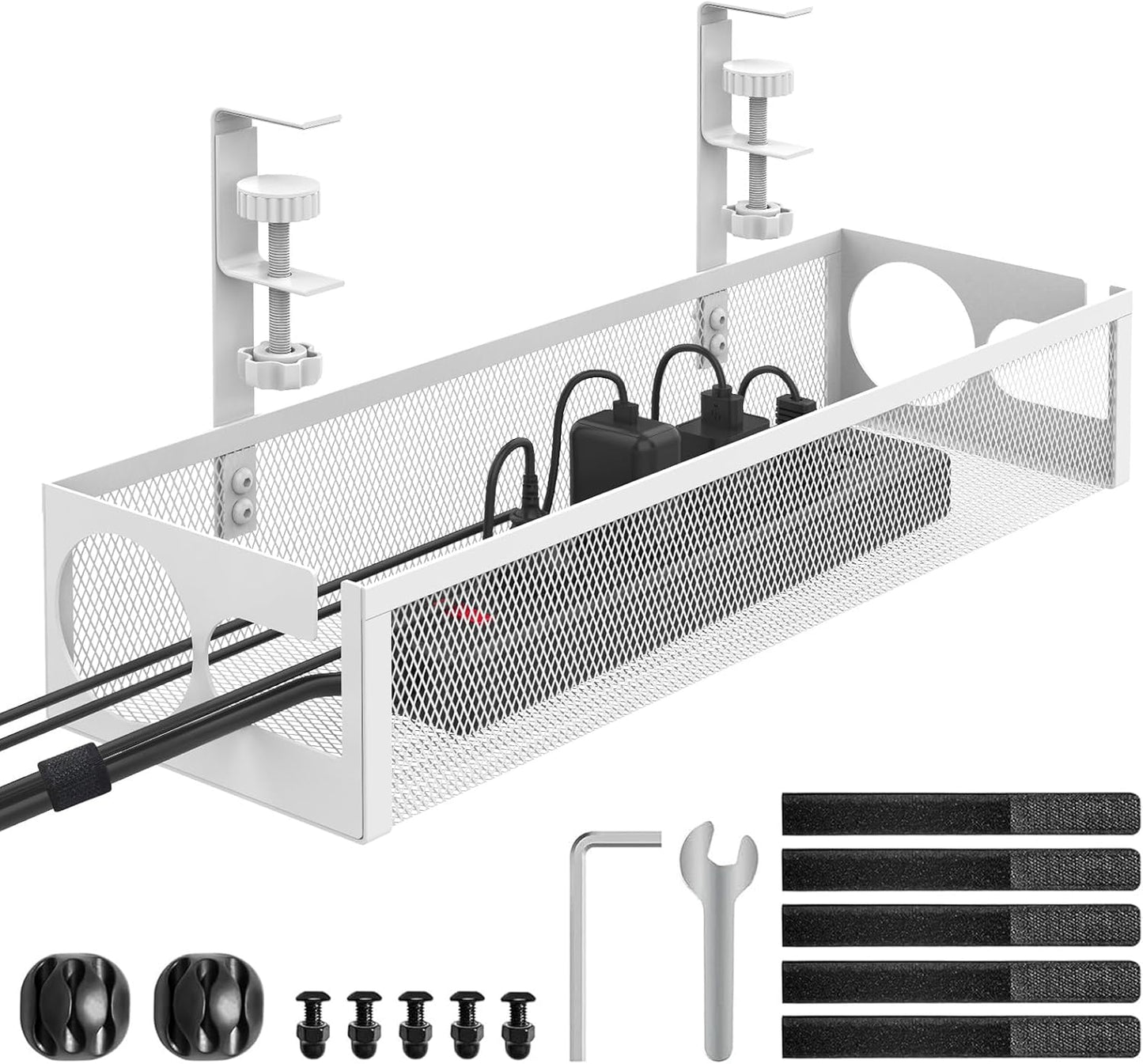 Under Desk Cable Management Tray No Drill 15.1’’, Metal Mesh Cable Management Box with Hybrid Side Slots Cable Raceway,Adjustable Cable Tray with Wire Management for Office Home,1 Pack (Black)
