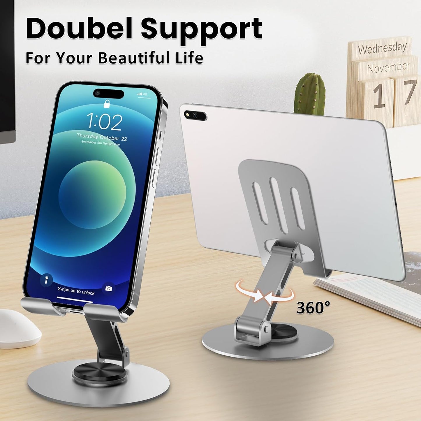 Universal Metal Cell Phone Stand, Multi-Angel Adjustable 360° Rotation Non-Slip Metal Phone Stand Compatible with iPhone 17 16 Pro Max and All Smartphones (Purple)