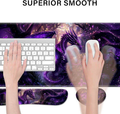 Desk Pad and Keyboard Wrist Rest, Large Mouse Pad + Keyboard Pad+Mouse Wrist Support, Non-Slip Desk Mat Protector for Office, Home 31.5×11.8 Inches Anime Dragon