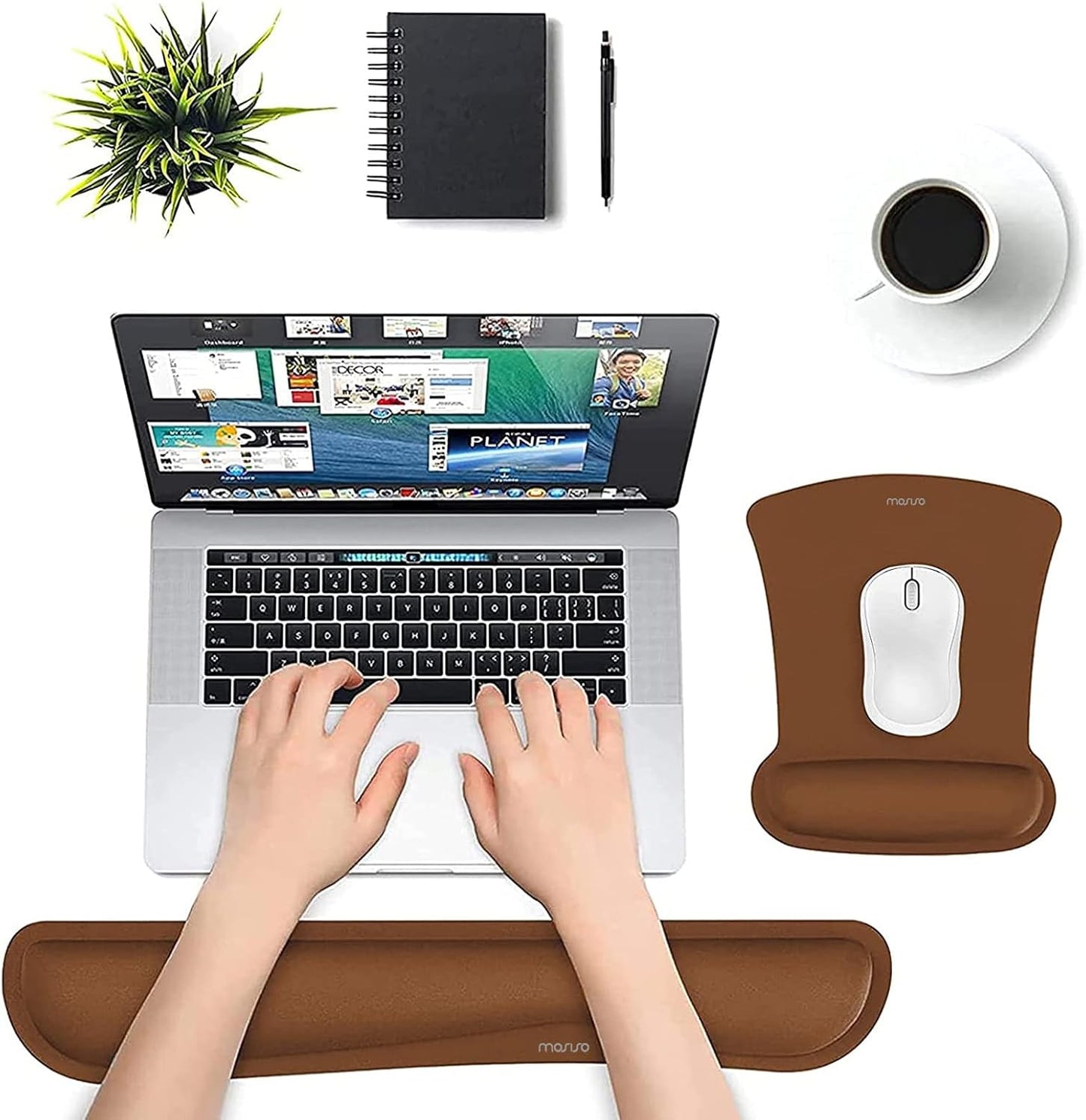MOSISO Wrist Rest Support for Mouse Pad & Keyboard Set, Ergonomic Mousepad Non-Slip Base Home/Office Pain Relief & Easy Typing Cushion with Neoprene Cloth & Raised Memory Foam, Apricot