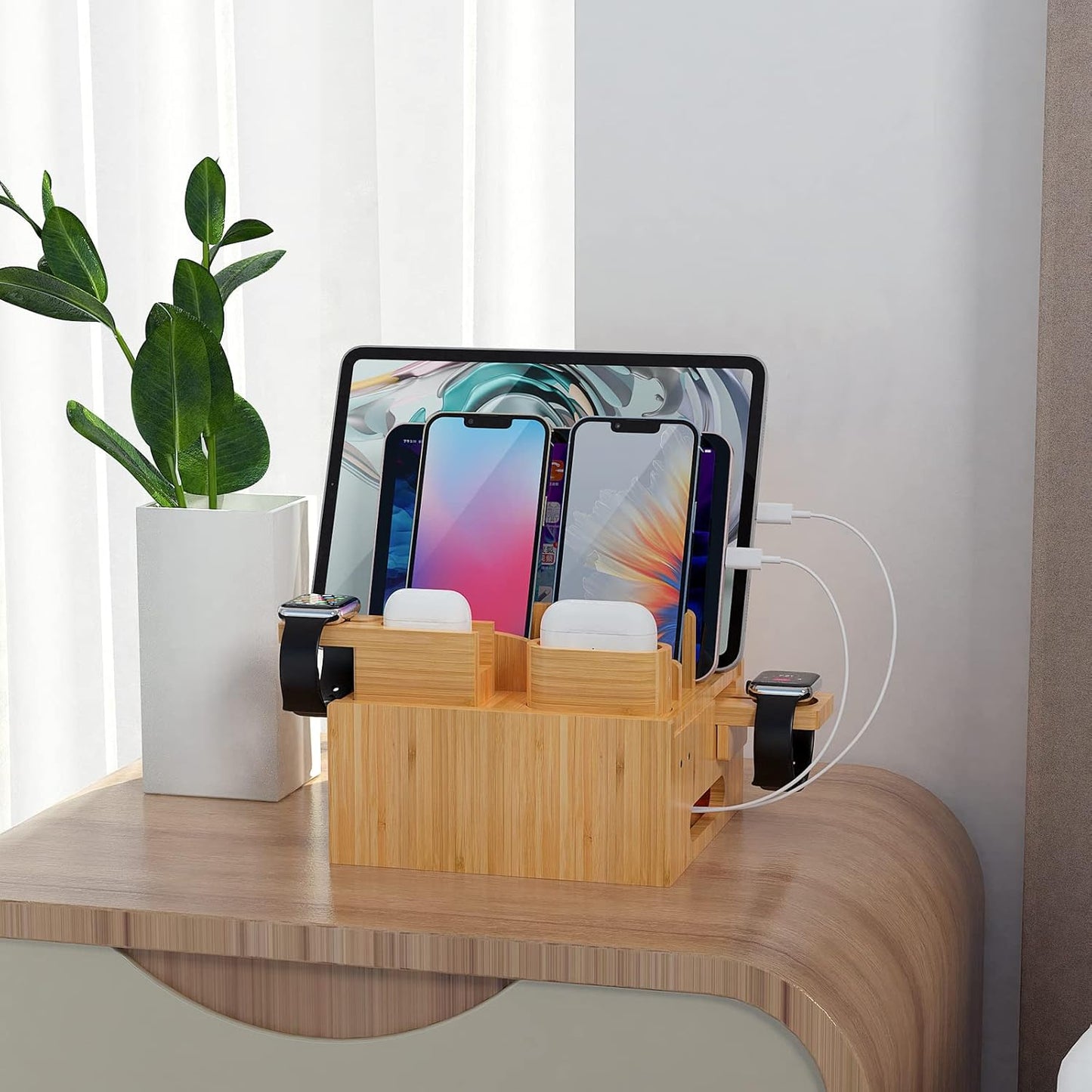 Pezin & Hulin Multiple USB Charging Station, Wooden Bamboo Dock Station for Cell Phones, Tablets, Earpods and Smart Watch, Including Power Charger HUB, 5 Cables -Natural Bamboo