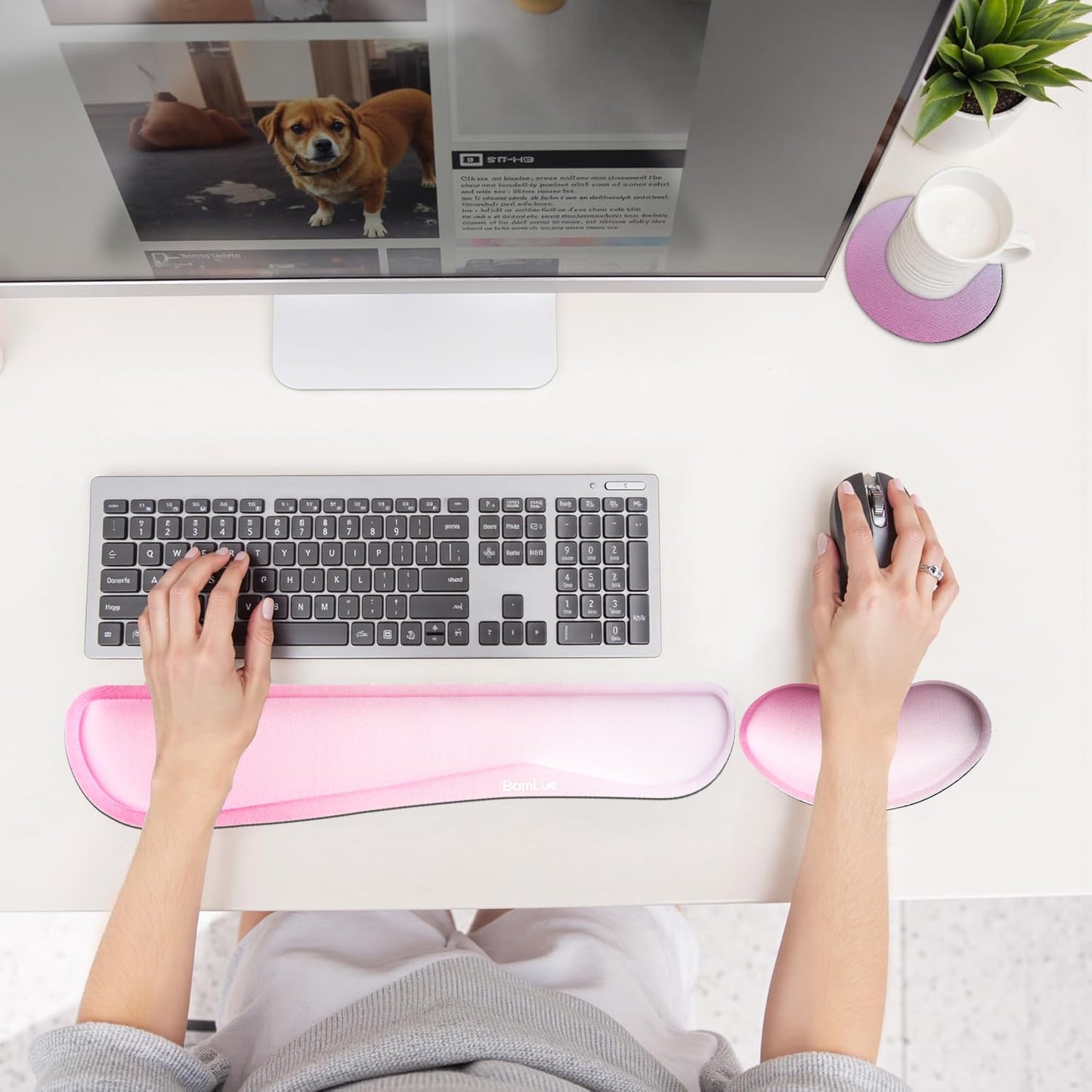 BamLue Upgrade Silky and Superfine Fabric Keyboard Wrist Rest, Gel Mouse Wrist Pillow Pad Set for Easy Typing & Pain Relief for Laptop, Office & Home, Ergonomic Sets for Keyboard-Pink