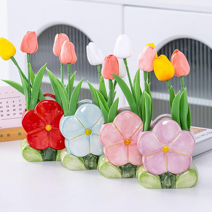 1 PC Flower Makeup Storage Box Ceramic Blossom Five Petals Pen Holder Pen Holder Desktop Storage Box (Blue)