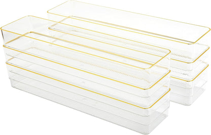 Martha Stewart Kerry Plastic Stackable Office Desk Drawer Organizers, 6" x 3", 6 Pack, with Gold Trim