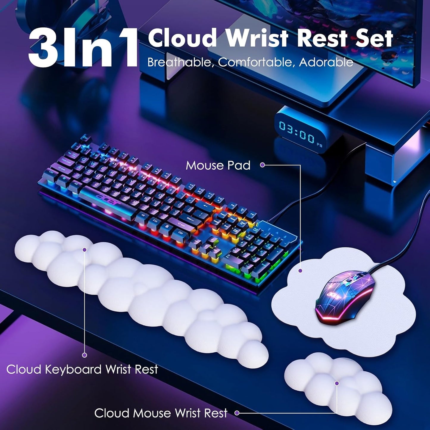 MoKo Cloud Wrist Rest, Ergonomic Cloud Keyboard Wrist Rest with Mouse Rest Wrist Pad, Durable Polyester Cloud Arm Rest Wrist Pad for Keyboard and Mouse for Office, Gaming, Computer, Laptop, Green