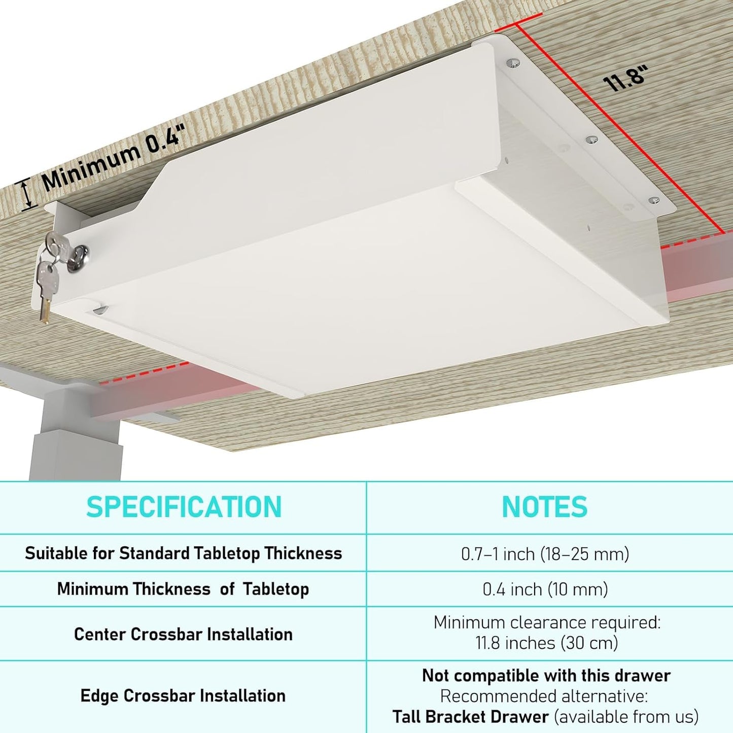 Under Desk Drawer Storage with Lock, Metal Undermount Table Drawer, Ball Bearing Slides Out Tray Organizer for Paper, Pencil, and Laptop 16"x11.8"x3.6", White