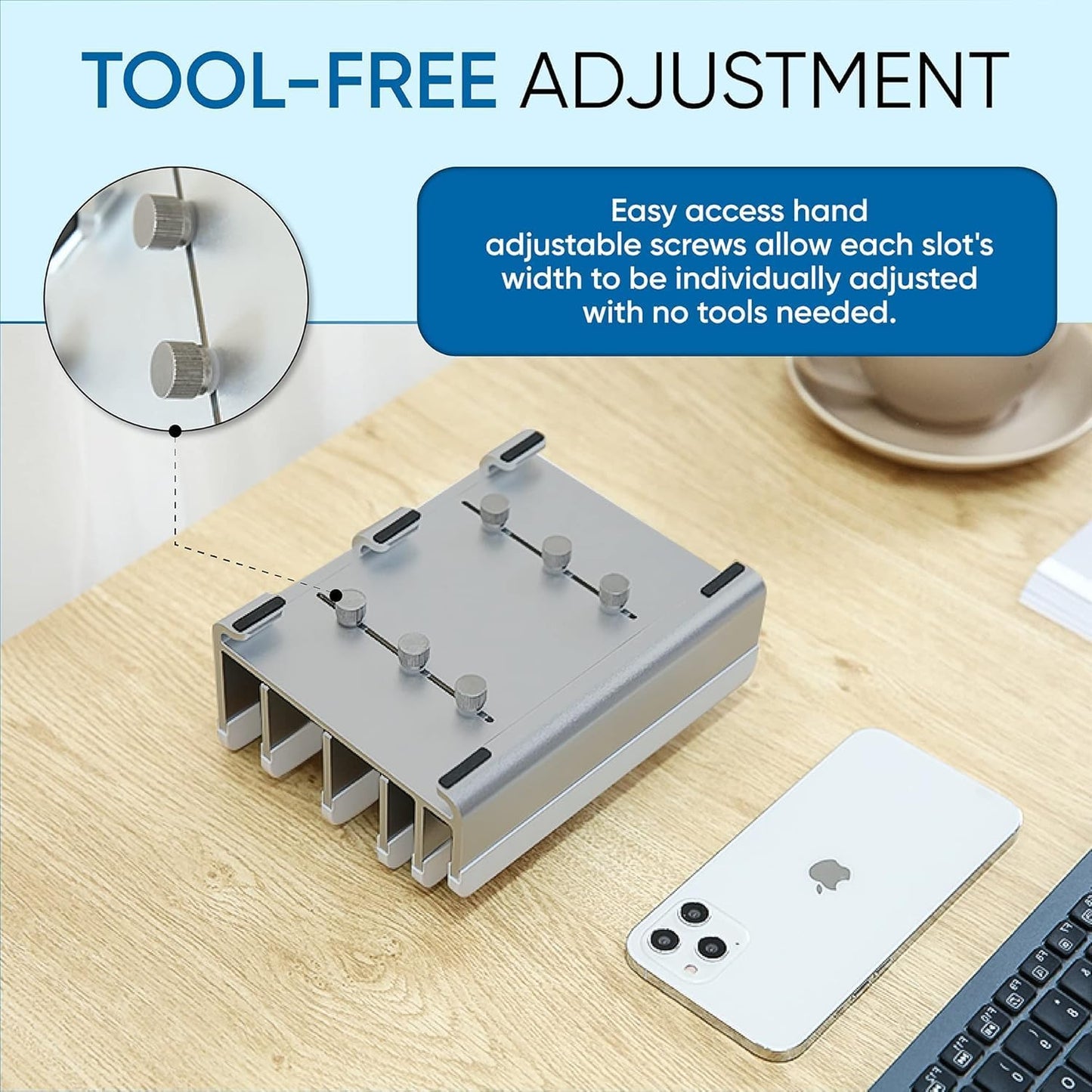 Elestoria 5- Slot Vertical Laptop Stand - Aluminum Laptop Stand Vertical for Desk - Adjustable Width (12-38mm) Fits MacBook Pro/Air, Surface & Gaming Laptops Upto 17.3 (Grey)