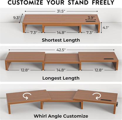 BONTEC Dual Monitor Stand Riser with Smartphone Holder, Adjustable Length & Swivel Angle, Ergonomic Wooden Desktop Organizer for PC Monitor, Laptop, Printer, Large Storage, White