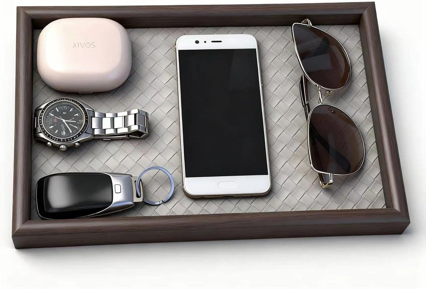 Zosenley Wooden Valet Tray with Leather Base - Nightstand Catchall Organizer for Cologne, Perfume, Keys, Wallet, Phone, Watch, Jewelry & Sunglasses (Black)