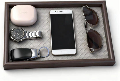 Zosenley Wooden Valet Tray with Leather Base - Nightstand Catchall Organizer for Cologne, Perfume, Keys, Wallet, Phone, Watch, Jewelry & Sunglasses (Black)