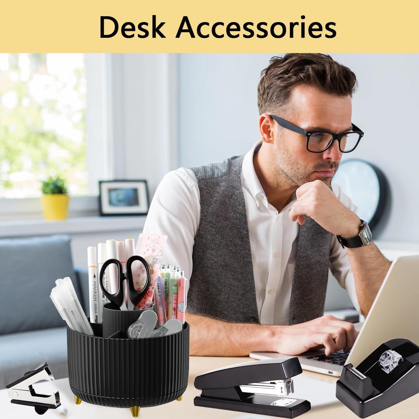 suniya Office Supplies,Gold Desk Accessories,with Stapler,Tape Dispenser,Pen Holder,Scissors,Phone Stand,Staple Remover,Ballpoint Pen,Clear Tape, Staples,Ruler,Clips,Best Gift for Business or Boss