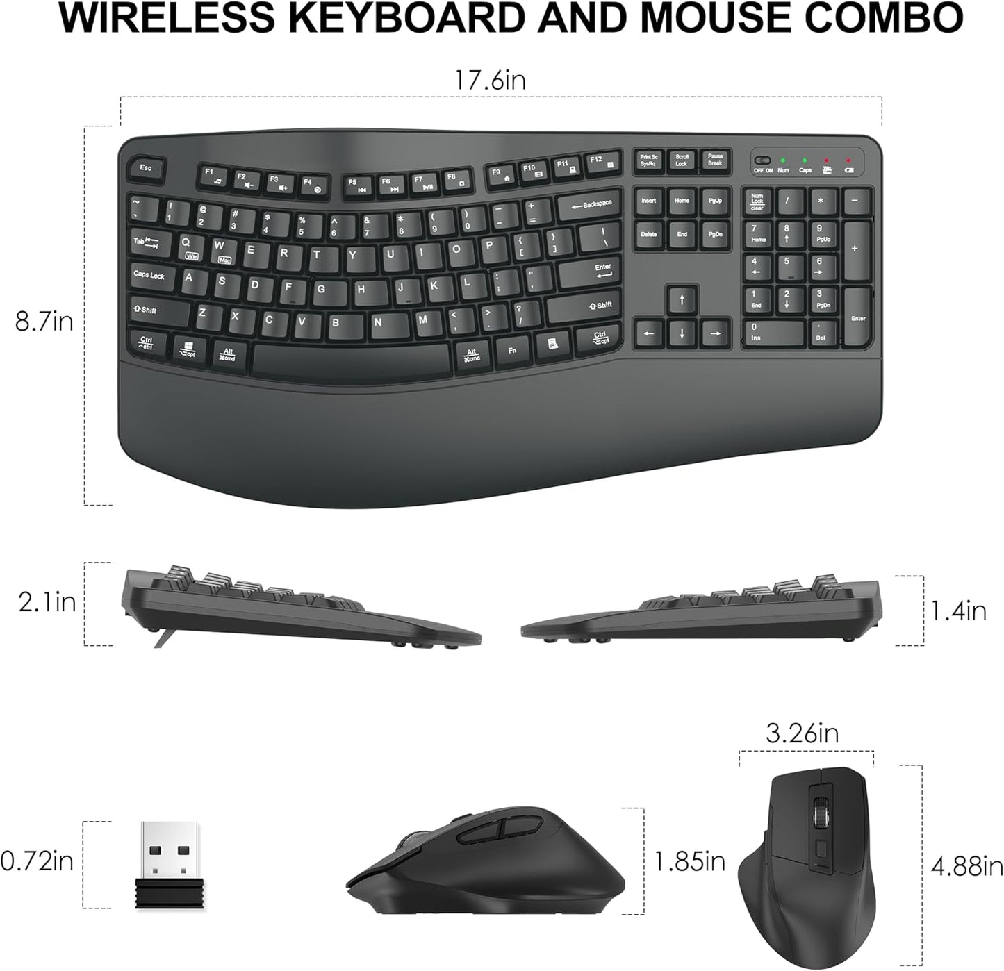 Wireless Keyboard and Mouse Combo, 2.4G Full Size Wave Keys Ergonomic Keyboard with Wrist Rest and 3-Level DPI Adjustable Wireless Ergonomic Mouse for Windows, Mac OS Desktop/Laptop/PC(Black)