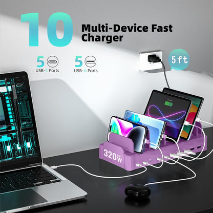 420W Charging Station for Multiple Devices, Zobirez 10-Port USB C Fast Charger Stations for MacBook, iPhone, Android Cell Phone, iPad, Tablet, Family Multi-Device Organizer Charging Dock, Black