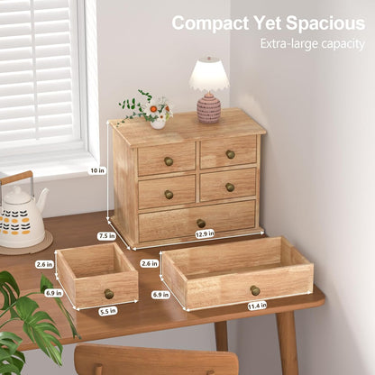 Oak Desk Organizer with Drawers, Durable Wooden Desktop Storage Box with Metal Handles & Non-Slip Silicone Pads, 4 Drawer Tabletop Organizer for Office, Bedroom, Bathroom, Vanity, and Makeup – Walnut