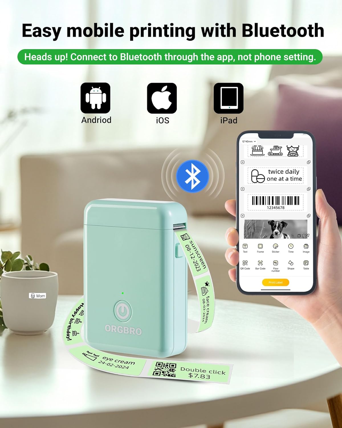 ORGBRO Label Maker Machine with Tape, X1 Portable Bluetooth Mini Label Printer, Support Pre-Cut & Continuous Label, Wireless Small Label Makers with Versatile App for School Home Office Organization