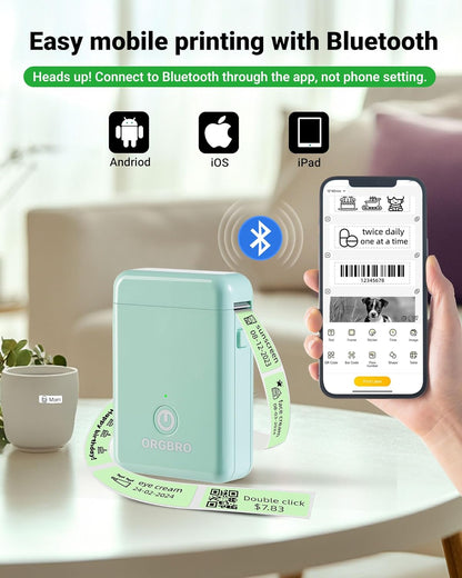 ORGBRO Label Maker Machine with Tape, X1 Portable Bluetooth Mini Label Printer, Support Pre-Cut & Continuous Label, Wireless Small Label Makers with Versatile App for School Home Office Organization
