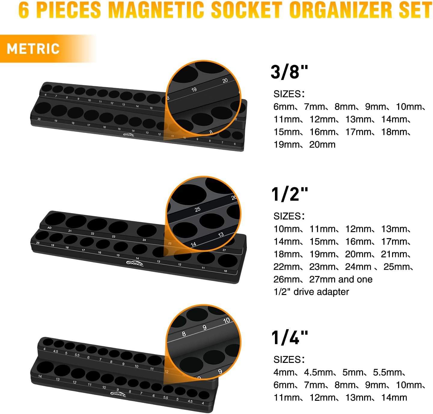 GOOACC 1/4" Magnetic Socket Organizer, 2 Pieces Socket Holder Metric SAE Socket Tray, 1/4 inch Socket Organizer Tray Holds 52 Standard Sockets for Tool Box Drawer