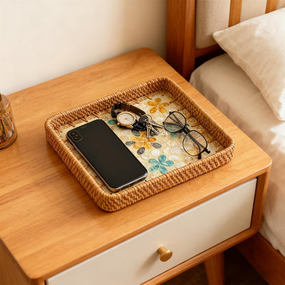 Handwoven Wicker Valet Tray, 8 Inch Square Catch All Organizer for Jewelry, Watches & Keys | Decorative Tray for Nightstand, Desk, Entryway, Coffee Table & Bathroom Counter
