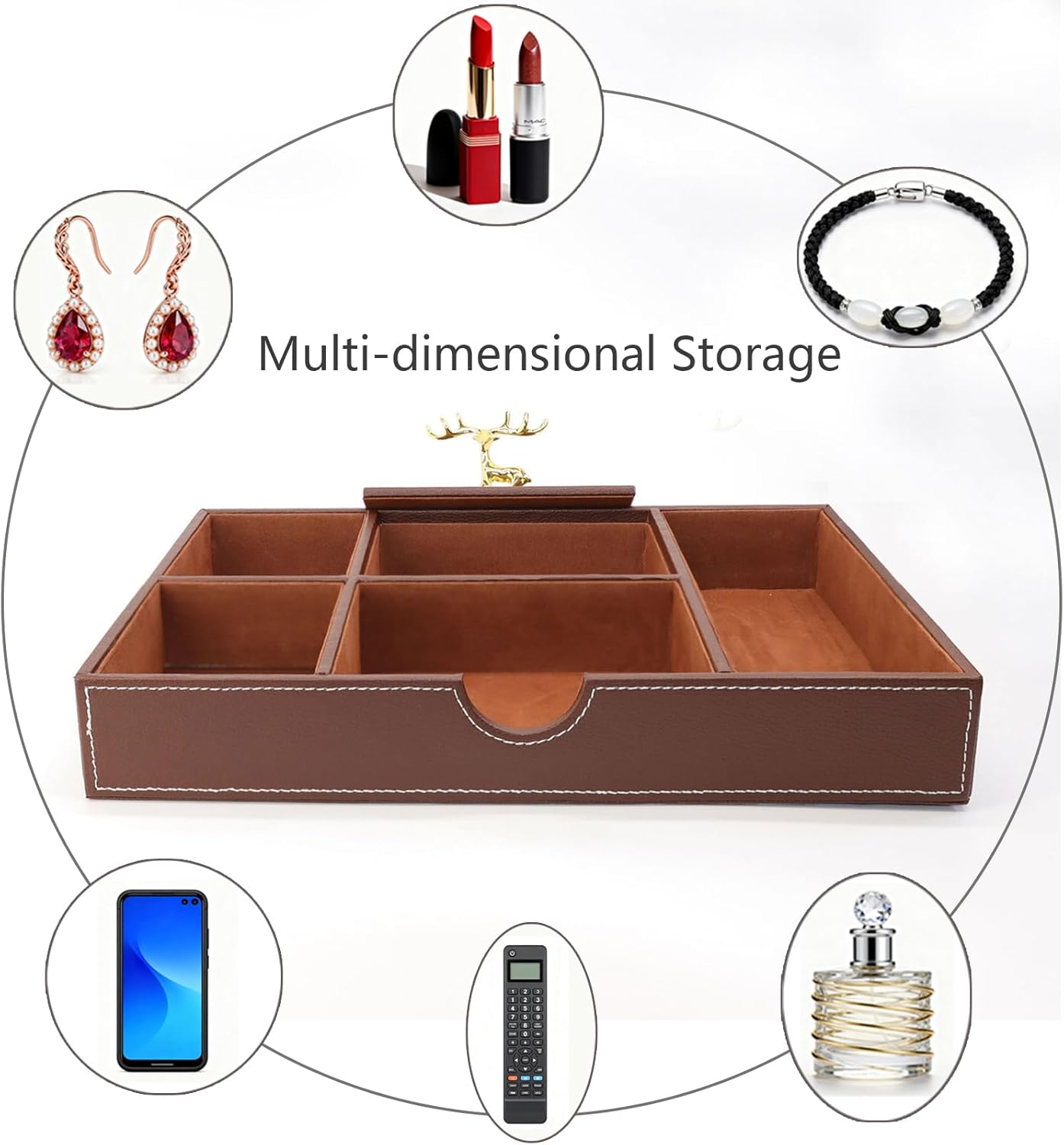 Jewelry Trays Nightstand Organizer, Valet Tray for Men and Women, Dressing Table Storage Box, Dark Brown Faux Leather, 5 Compartment