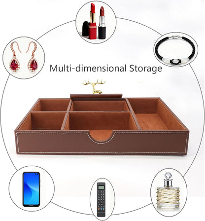 Jewelry Trays Nightstand Organizer, Valet Tray for Men and Women, Dressing Table Storage Box, Dark Brown Faux Leather, 5 Compartment