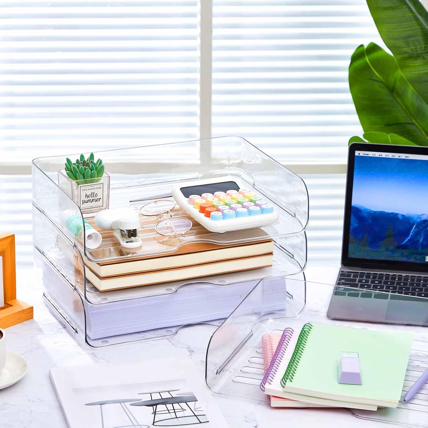 Juexica 4 Pcs Stackable Clear Letter Trays Organizer for Desk A4 Size File Paper Organizer Acrylic Desk Organizer Trays with Anti Skid Bottom for Home Office School (Vertical Opening Style)
