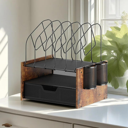 Wood Desk Organizer - 3-Tier Desktop File Organizer with Drawer, Wooden Paper Tray, Office Desk Organzier and Accessories for Papers, Mail, Notebooks, Stationery