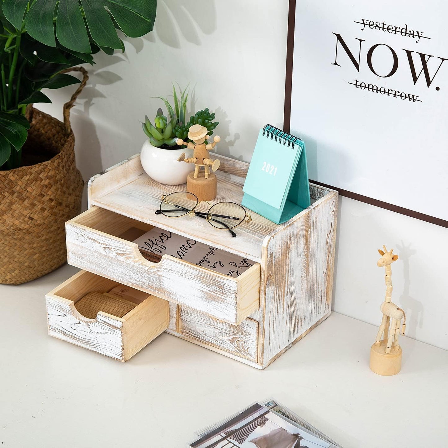 Rustic Distressed white 3-Tier Bamboo Desk Organizer with 3 Drawers Mini Storage Shelf For Desk, Toiletries Vanity Office Supplies (bamboo)