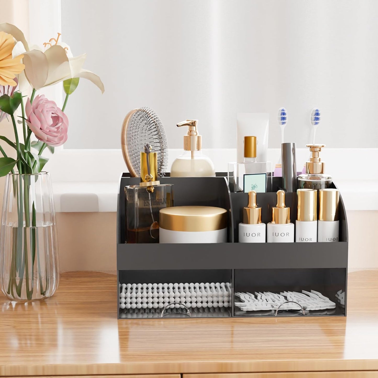 Makeup Organizer with Drawers, Cosmetic Storage for Dresser Vanity and Bathroom Countertop, Beauty Holder for Lipstick Brush, Skincare Organizer for Vanity, Cosmetic Display Case (White)