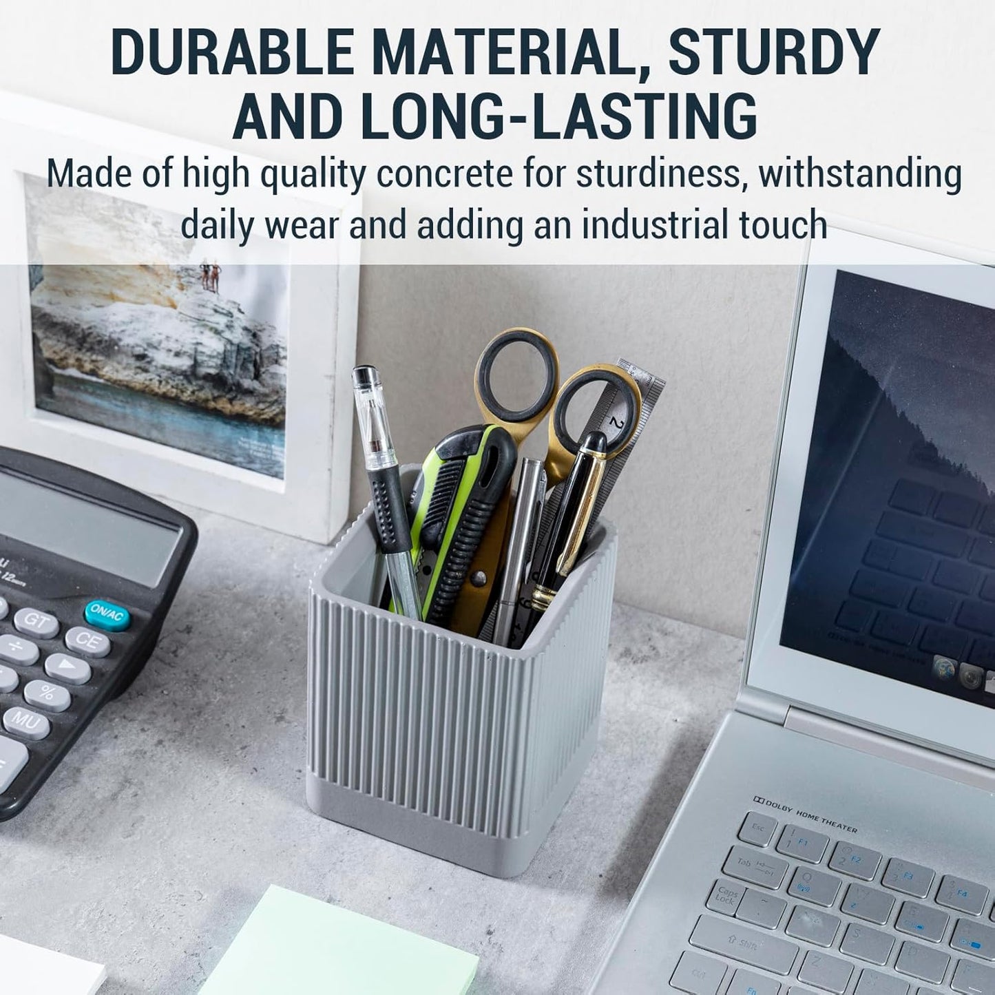 MyGift Pen Holder Pencil Holder For Desk Desktop Pen Cup Holder Gray Concrete 3.5 Inch Round Modern Office Desk Organizer