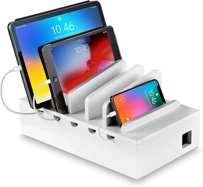 Modern Innovations Bamboo Charging Station for Multiple Devices (White) Wood Device Organizer, Desk Docking Stand for Cell-Phone Charger, Compatible with Apple, Android, iPad, iPhone, Tablet, Laptop