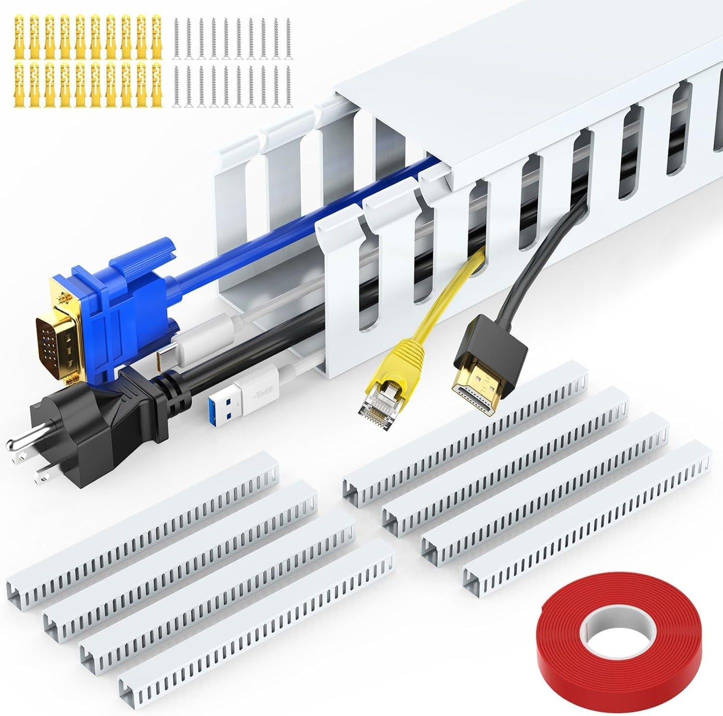 Open Slot Wiring Raceway Cable Duct, 123in Cable Management Channel Cord Track,Desk Wire Channel, Under Desk Cable Management to Hide Cables, Wires for Computers (Black, 1.57" Hx1.57"W, 15.4''L(8 Pc))
