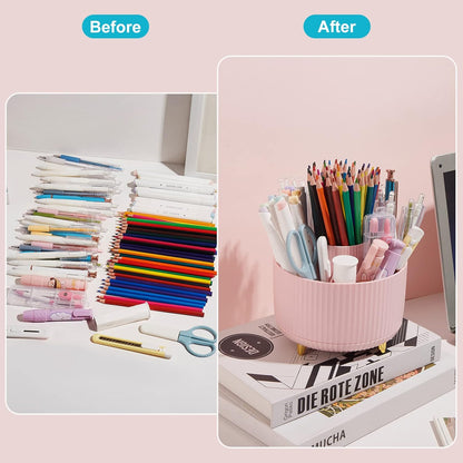Desk Pencil Pen Holder, 5 Slots 360 Degree Rotating Pencil Pen Organizers for Desk Desktop Storage Stationery Supplies Organizer Cute Pen Cup for Office School Home Art Supply Cream Yellow