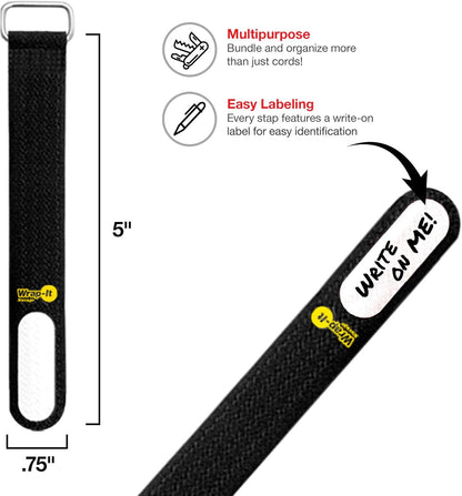 Wrap-It Storage Cinch-Straps, 5" 20 Pack (Red), Features Metal Buckle and Write on Label for Easy Cord Identification and Cable Management, Reusable Multi-Purpose Securing Cinch Straps