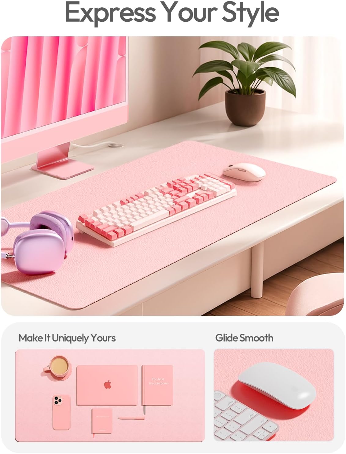 YSAGi Leather Desk Protector, Office Mat, Large Mouse Mat, Non-Slip PU Leather Blotter, Laptop Pad, Waterproof Writing Pad for Office and Home (Light Pink, 23.6" x 13.8") - Colors B