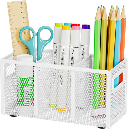 Marbrasse Mesh Pen Holder for Desk,Pencil Holder Desk Organizer 3 Adjustable Compartments,Pencil Cup with Handle Perfect for Classroom, Office, Home,Makeup,Art (Black)