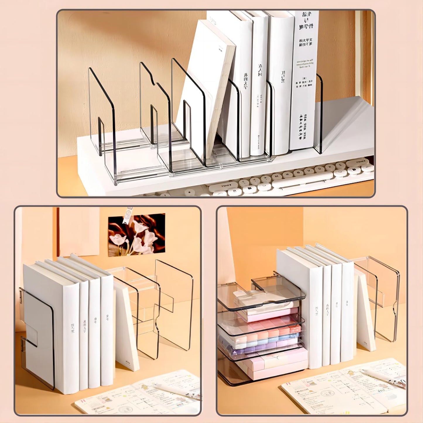 Sylfaen 2-Pack Clear Desktop File Organizer, Expandable Acrylic File Sorter Auto Rebound, Multifunction 5 Sections File Folder Holder for Magazines, Books, Letters, Papers, Notebooks