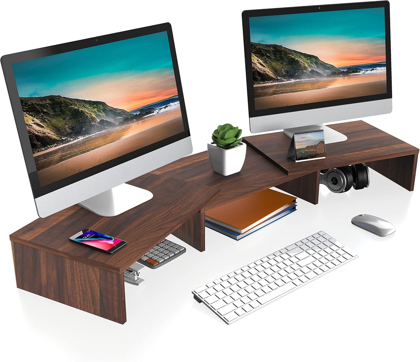 FITUEYES Dual Monitor Stand – 3 Shelf Computer Monitor Riser, Wood Desktop Stand with Adjustable Length and Angle, Desk Accessories, Office Supplies Medium Black,DT108001WB