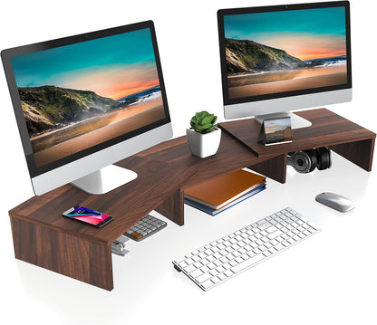 FITUEYES Dual Monitor Stand – 3 Shelf Computer Monitor Riser, Wood Desktop Stand with Adjustable Length and Angle, Desk Accessories, Office Supplies Medium Black,DT108001WB