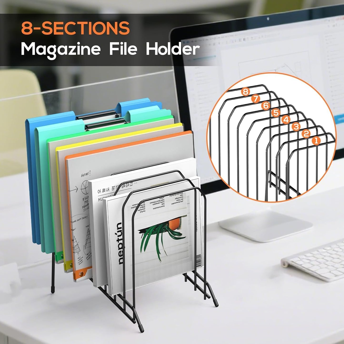 MINDEPOT Incline Sorter Desk File Organizer, Metal Desk Magazine Folder Holder with 8-Section Vertical Compartments Rack File Organizer for Office, Home, School