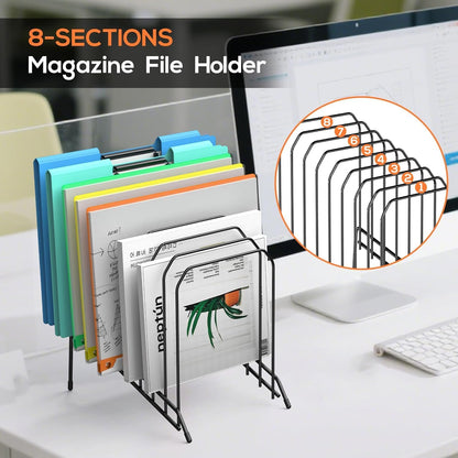 MINDEPOT Incline Sorter Desk File Organizer, Metal Desk Magazine Folder Holder with 8-Section Vertical Compartments Rack File Organizer for Office, Home, School