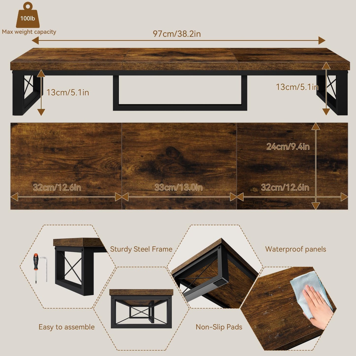 IBUYKE Large Dual Monitor Stand Riser for 2 Monitors, Wooden Desktop Computer Monitor Stand Storage Shelf and Steel Legs,Dual Screen Office Desk,Monitor Riser for Computer, Printer,Laptop,TV,Black UTDJ002B