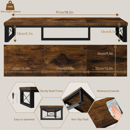 IBUYKE Large Dual Monitor Stand Riser for 2 Monitors, Wooden Desktop Computer Monitor Stand Storage Shelf and Steel Legs,Dual Screen Office Desk,Monitor Riser for Computer, Printer,Laptop,TV,Black UTDJ002B