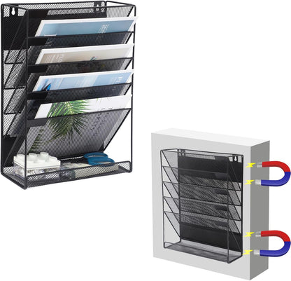 EASEPRES Desk File Organizer Mesh 6-Tier, Hanging Wall Mount Document Organization Stand, Desktop Vertical Mail Paper Folder Holder Rack with Bottom Tray for Office Home Cubicle Countertop, Black