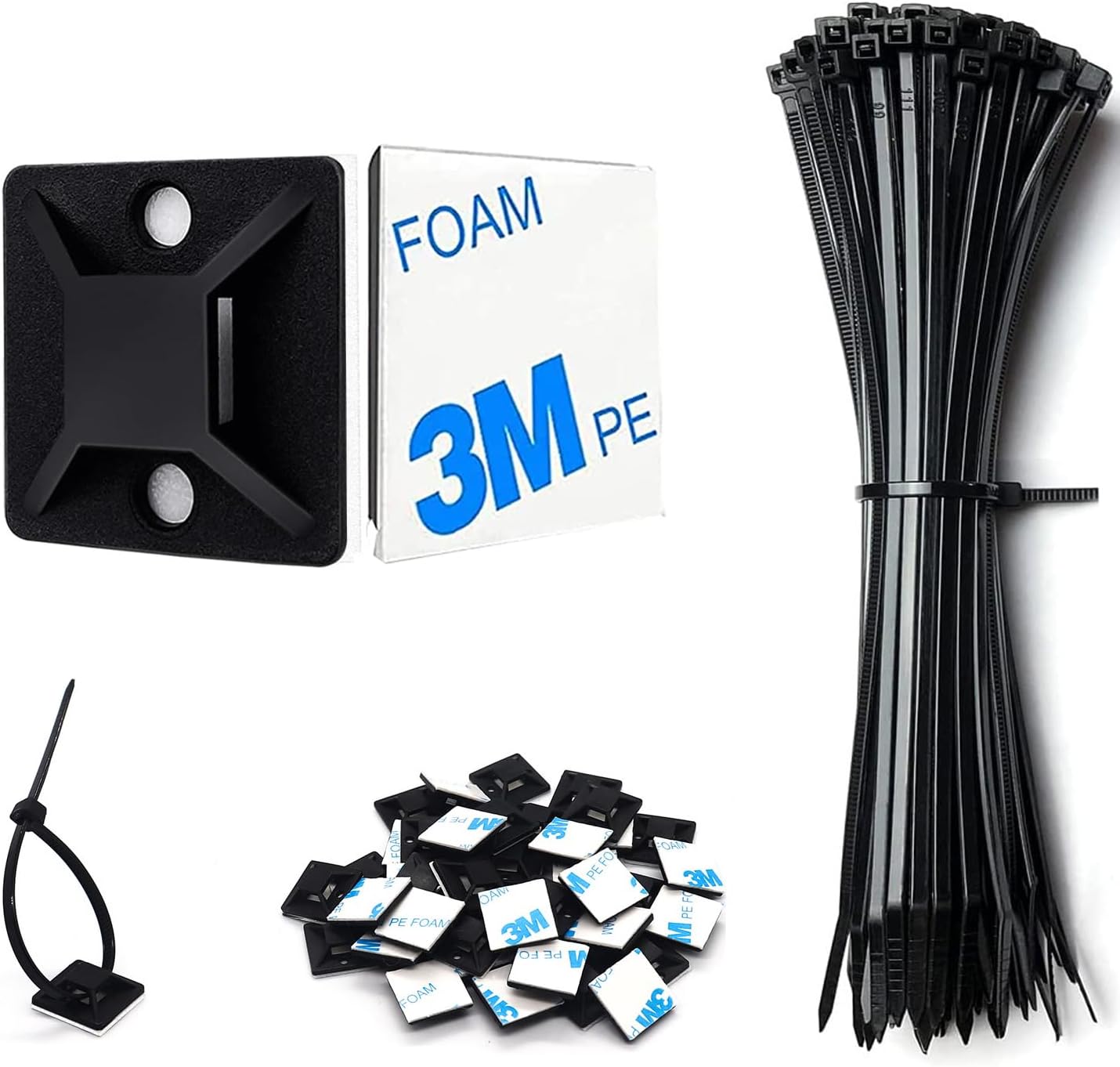Strong Back-Glue Self Adhesive Cable Zip Tie Mounts Kit - 50 Set Cable Management Clips with 6" Zip Ties, Wire Holders - Outdoor Sticky Wire Organizer Clips-White